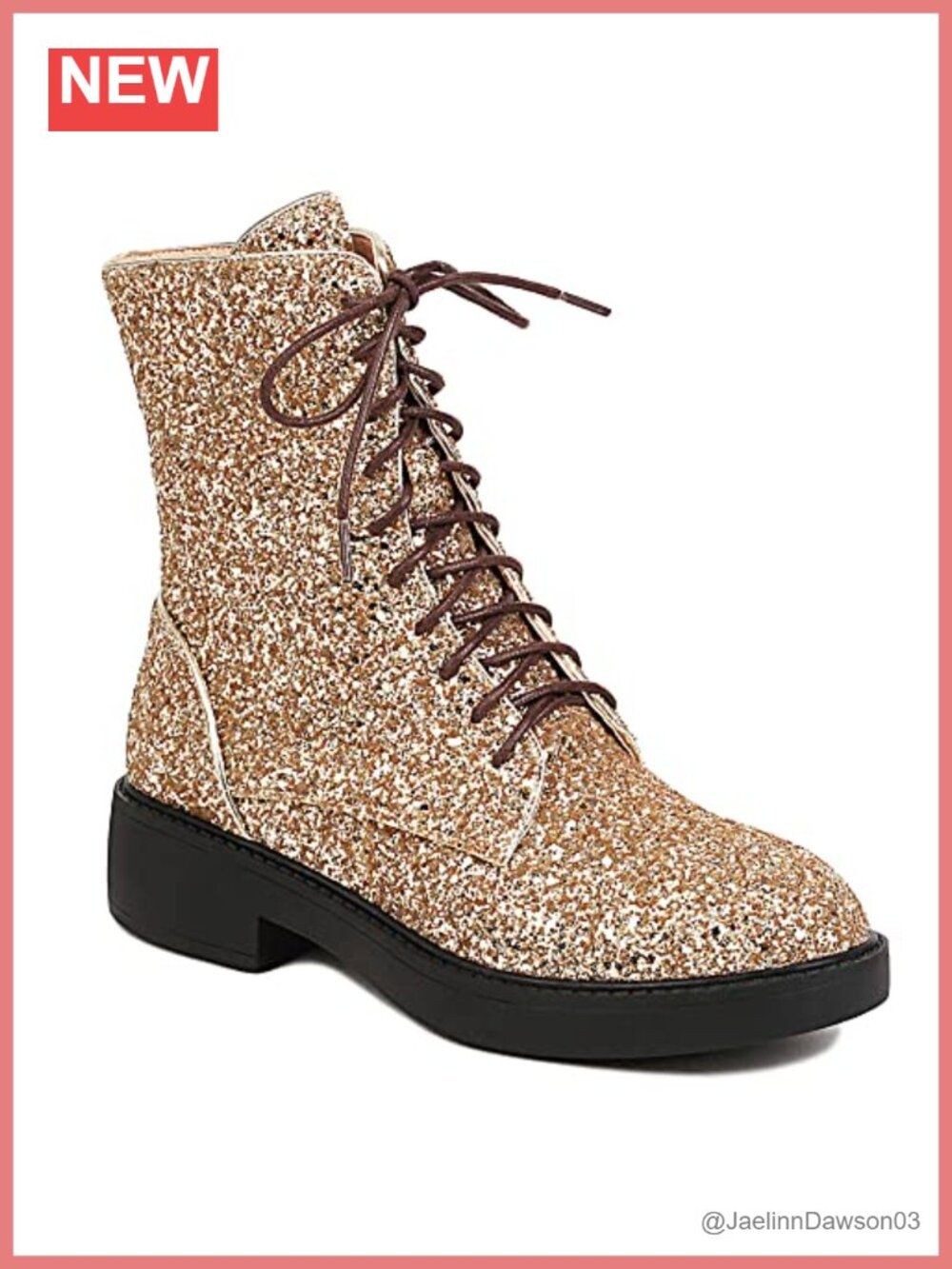 Sequin Lace Up Combat Ankle Boots Chunky Low Heel Side Zipper Sparkly Booties